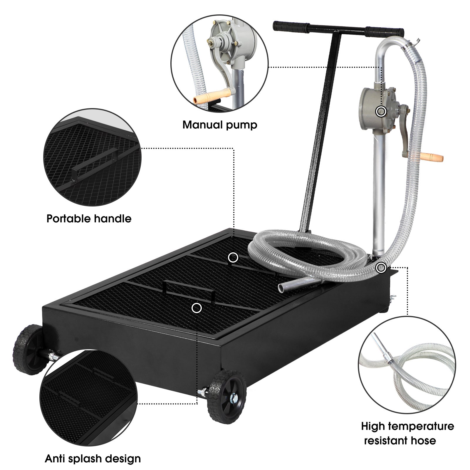 Oil Drain Pan 25 Gallon Low Profile Oil Change Pan with Pump 1.05FT Hose Swivel Casters Wheels Rolling Oil Drain Cart for Trucks Cars RVs SUVs Buses