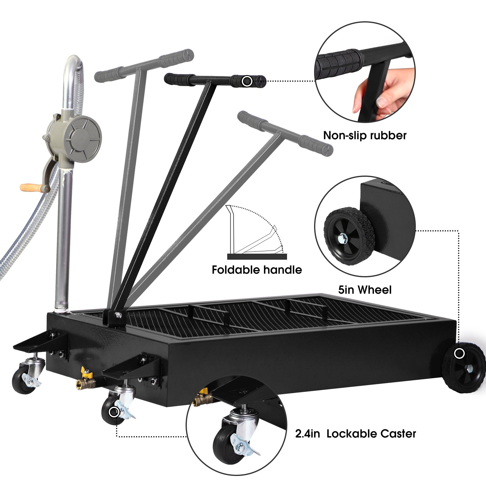 Oil Drain Pan 25 Gallon Low Profile Oil Change Pan with Pump 1.05FT Hose Swivel Casters Wheels Rolling Oil Drain Cart for Trucks Cars RVs SUVs Buses