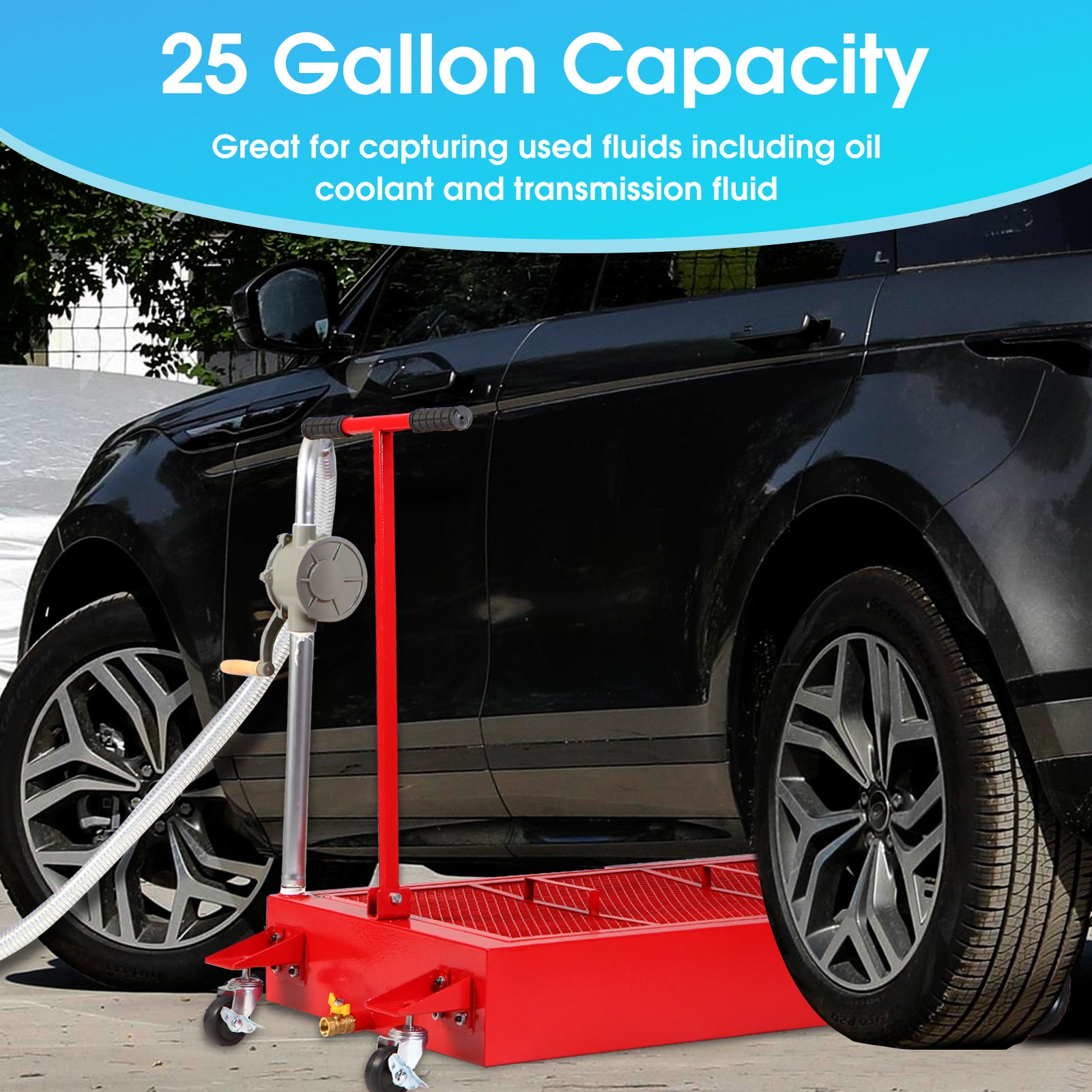 Oil Drain Pan 25 Gallon Low Profile Oil Change Pan with Pump 1.05FT Hose Swivel Casters Wheels Rolling Oil Drain Cart for Trucks Cars RVs SUVs Buses