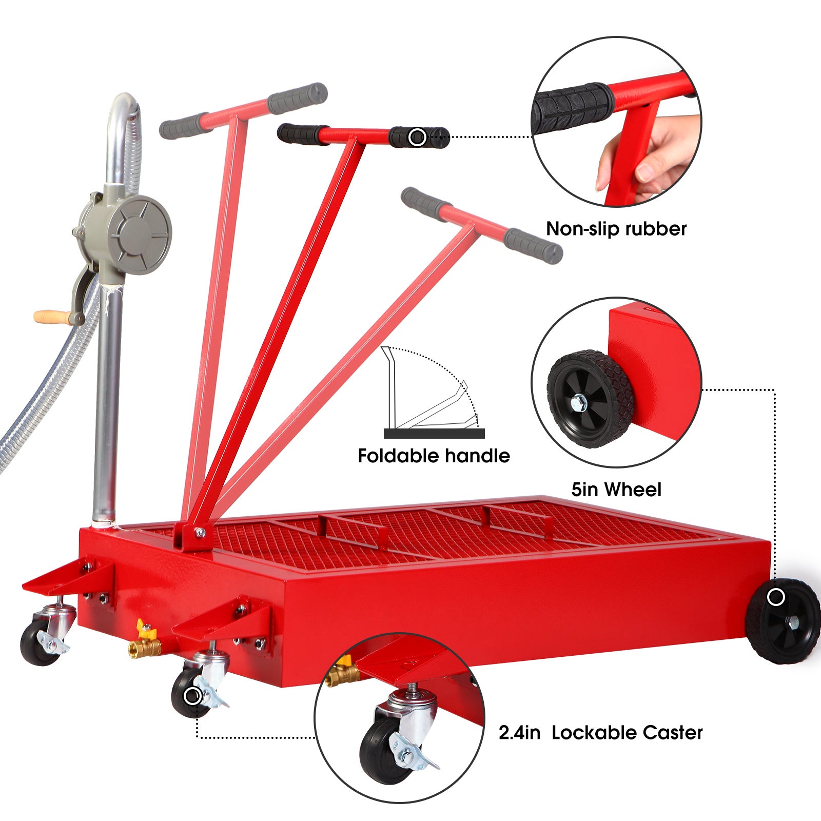 Oil Drain Pan 25 Gallon Low Profile Oil Change Pan with Pump 1.05FT Hose Swivel Casters Wheels Rolling Oil Drain Cart for Trucks Cars RVs SUVs Buses