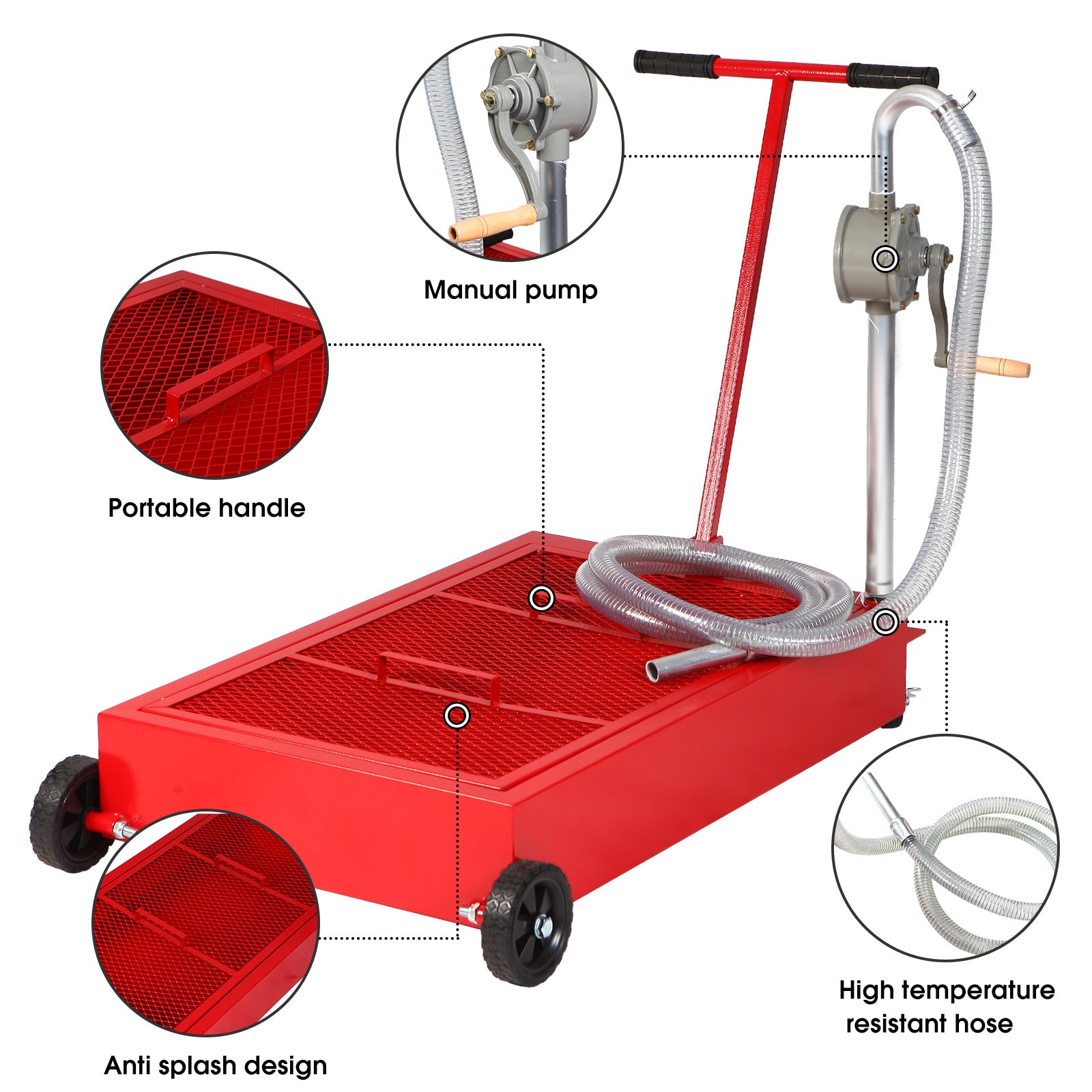 Oil Drain Pan 25 Gallon Low Profile Oil Change Pan with Pump 1.05FT Hose Swivel Casters Wheels Rolling Oil Drain Cart for Trucks Cars RVs SUVs Buses