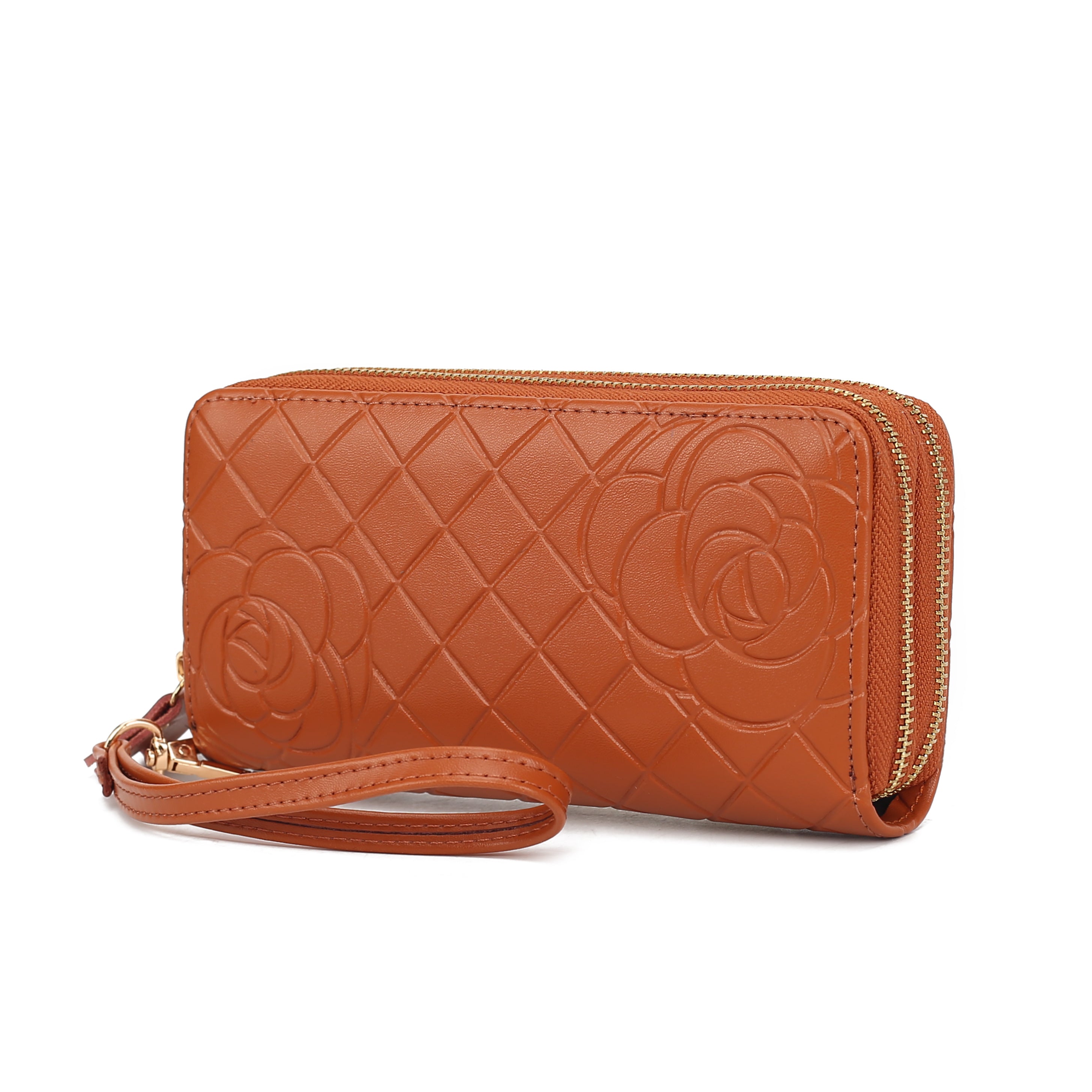 Honey Genuine Leather Quilted Flower Embossed Women Wristlet Wallet