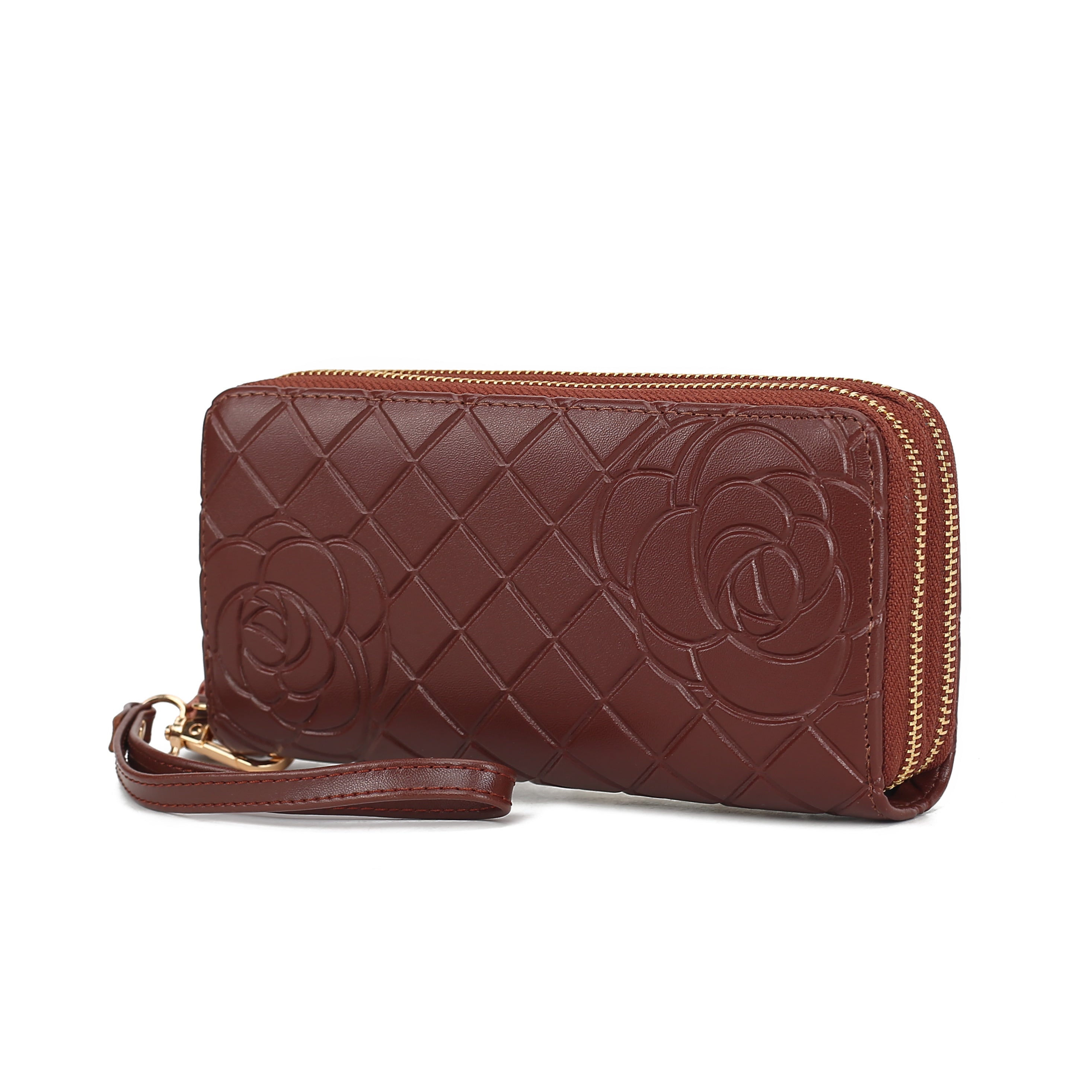 Honey Genuine Leather Quilted Flower Embossed Women Wristlet Wallet