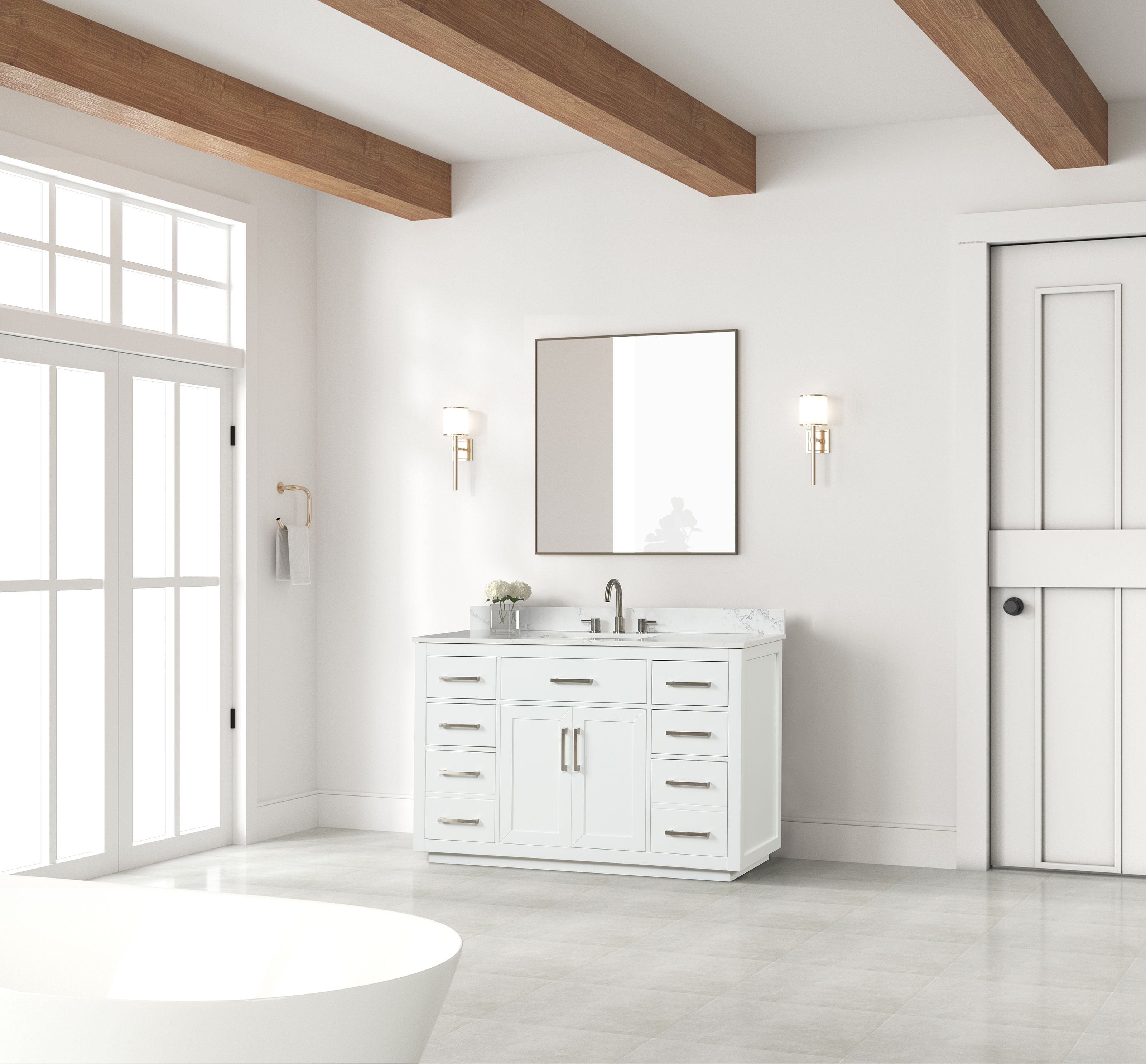 54 inch modern high glossy white solid wood bathroom vanity with sink,6 soft-close drawers