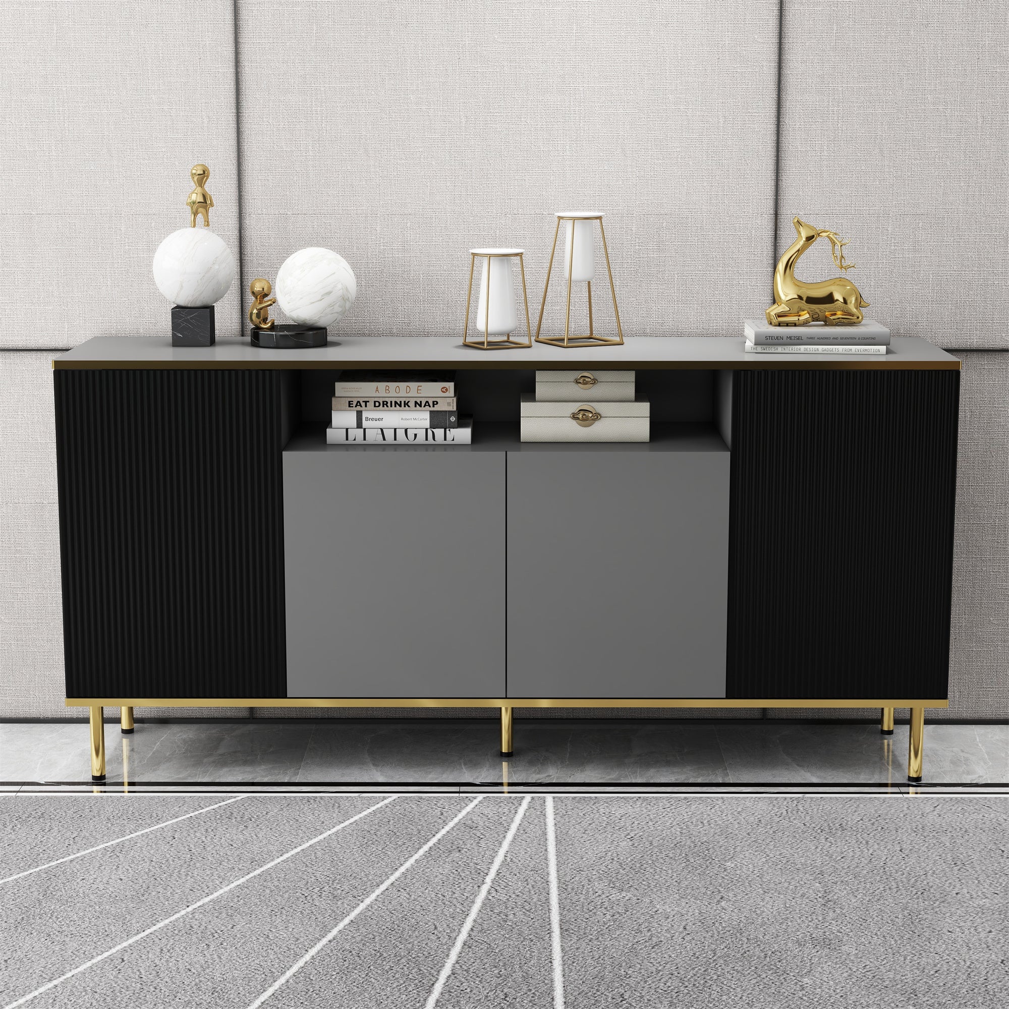 (ONLY PICK UP)Buffet Cabinet Sideboards and Buffets with 3  Cabinet 4 Doors Adjustable Shelves & Open Shelf