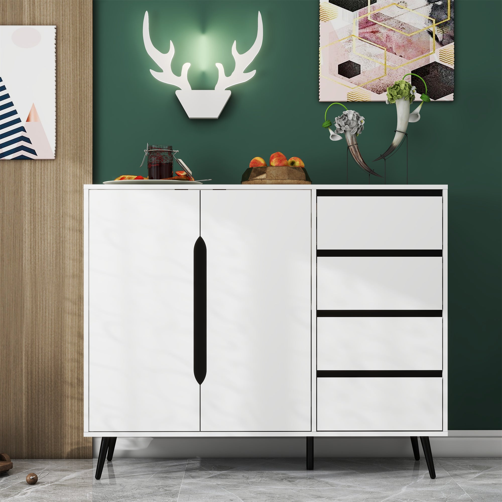 (ONLY PICK UP)White modern side cabinet with four drawers and two doors