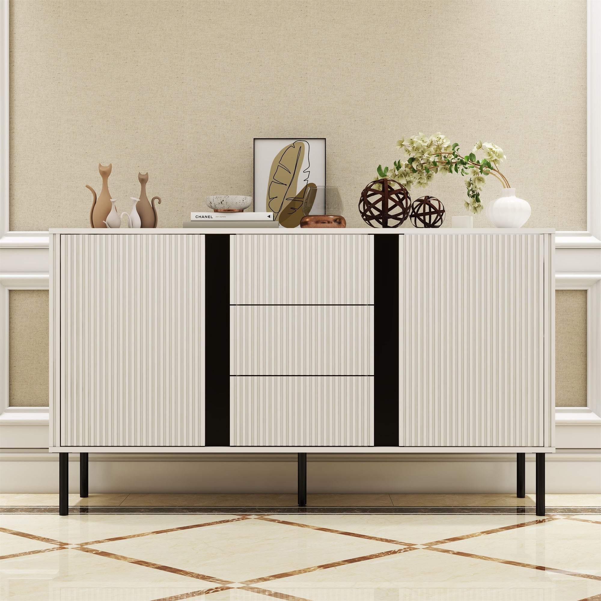 (ONLY PICK UP)White blister modern three drawers and two door side cabinets