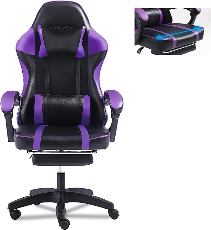 Video Game Chairs for Adults, PU Leather Gaming Chair with Footrest, 360°Swivel Adjustable Lumbar Pillow Gamer Chair, Comfortable Computer Chair for Heavy People