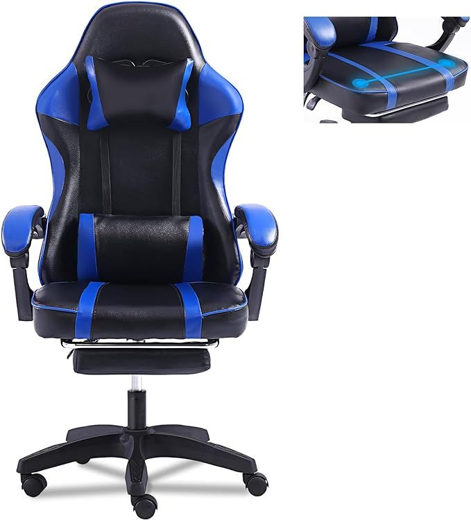 Video Game Chairs for Adults, PU Leather Gaming Chair with Footrest, 360°Swivel Adjustable Lumbar Pillow Gamer Chair, Comfortable Computer Chair for Heavy People