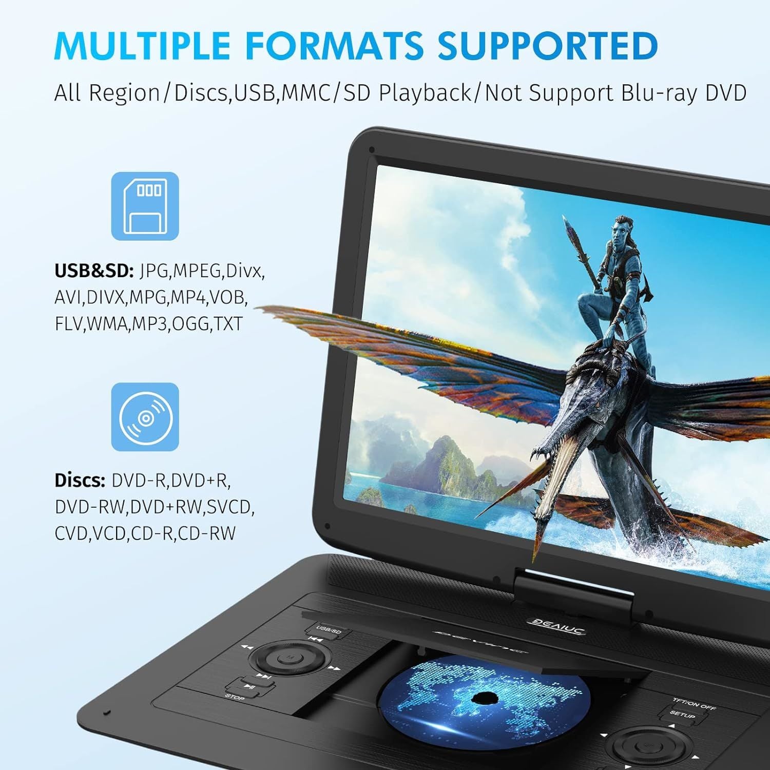 17.9" Portable DVD Player with 15.6" HD Swivel Screen, Support Multiple DVD CD Formats/USB/SD Card/Sync TV, 6 Hours Rechargeable Battery, Car Charger,