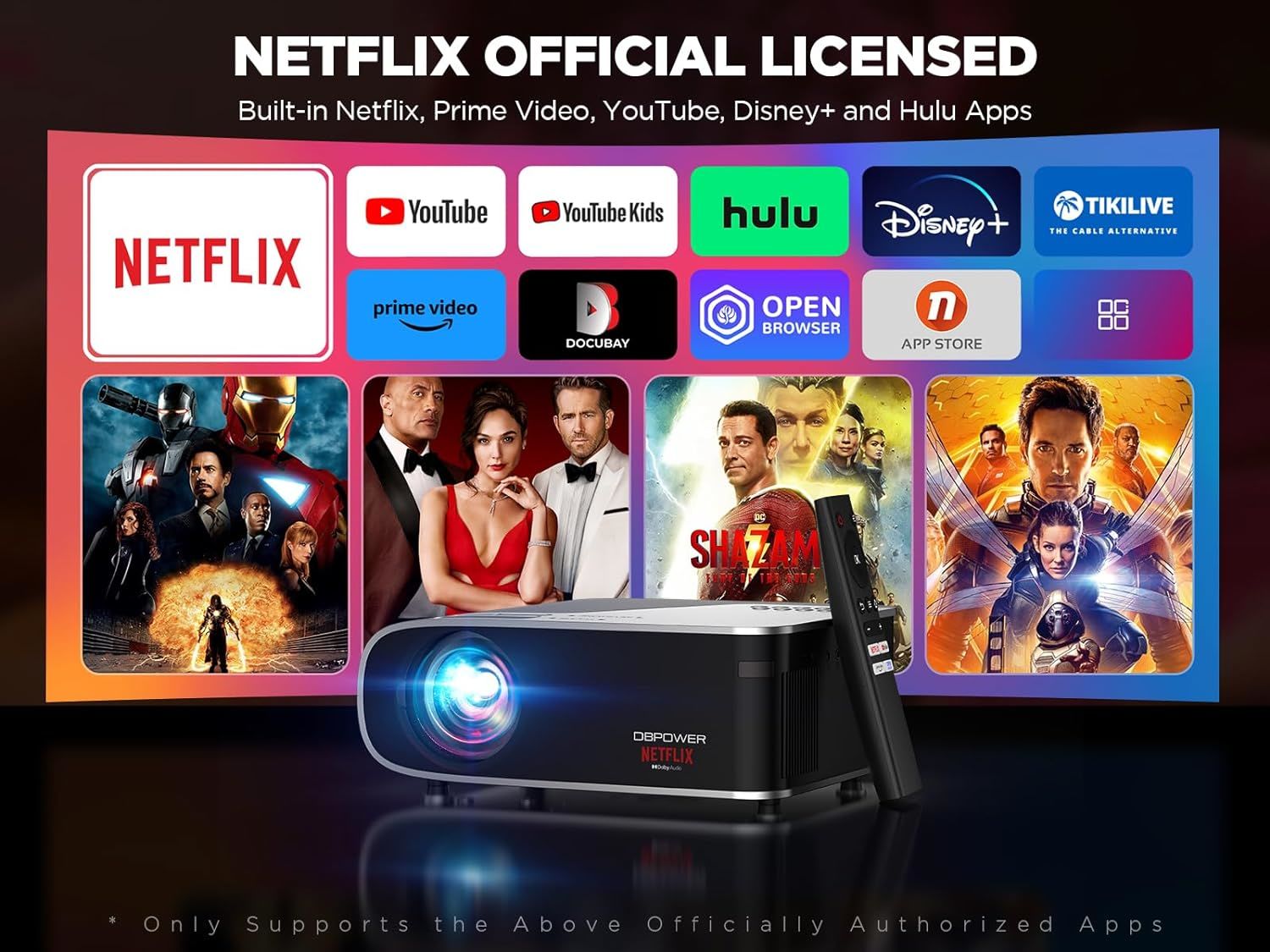 Projector with 5G WiFi and Bluetooth, DBPOWER Native 1080p Movie Projector Built-in Netflix, 500ANSI Portable Smart Projector 4K with Dolby Audio for 