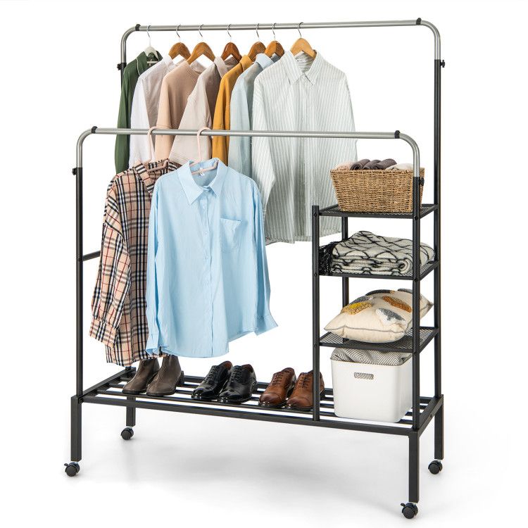 Rolling Double Rods Garment Rack with Height Adjustable Hanging Bars