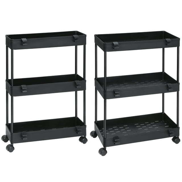 2 Pack 3 Tier Slim Storage Kitchen Cart, Shelving Unit Rolling Rack with Wheels, Black