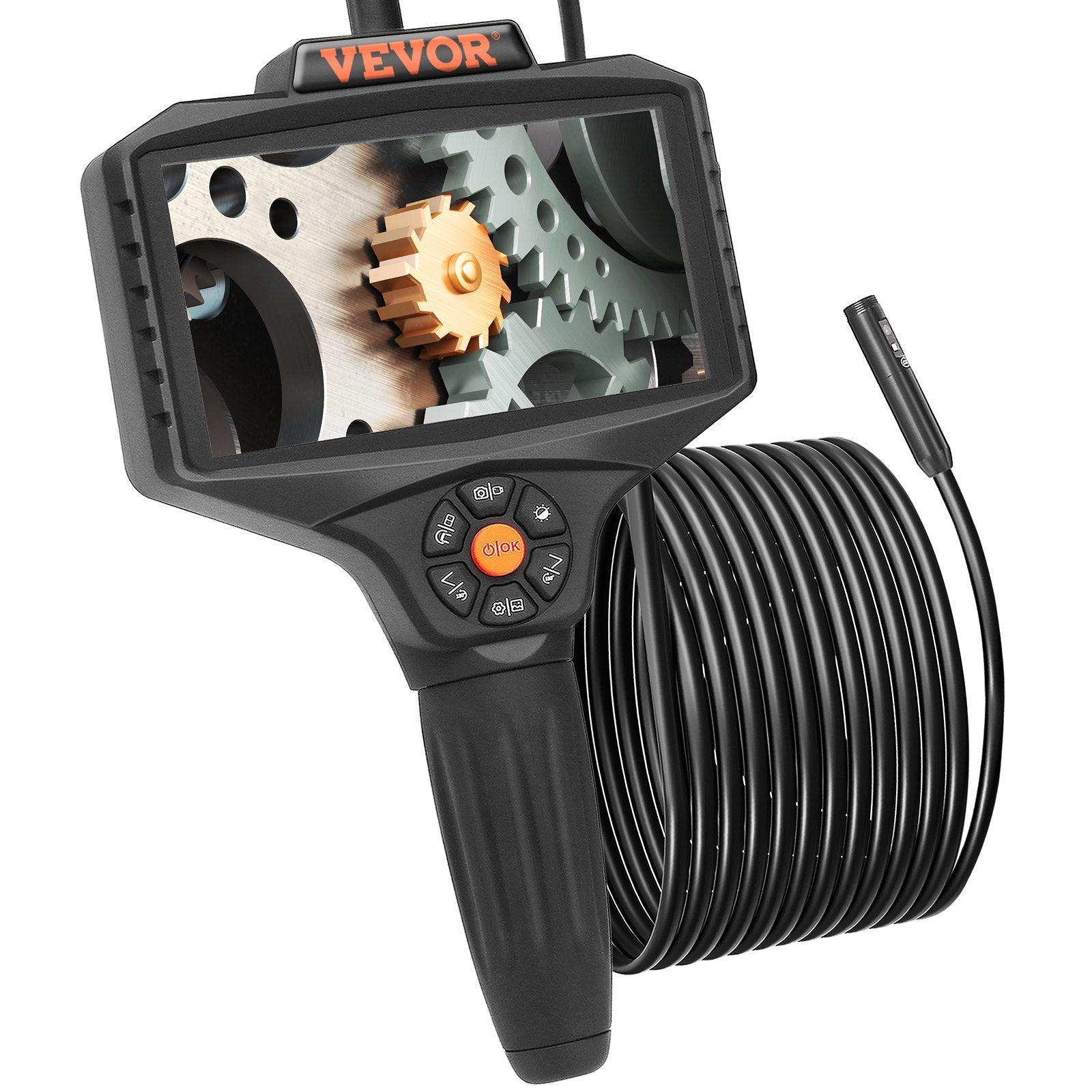 VEVOR Triple Lens Industrial Endoscope, 5" IPS Screen Borescope Inspection Camera with Lights, Split Screen, 8x Zoom, IP67 Waterproof Drain Snake Came