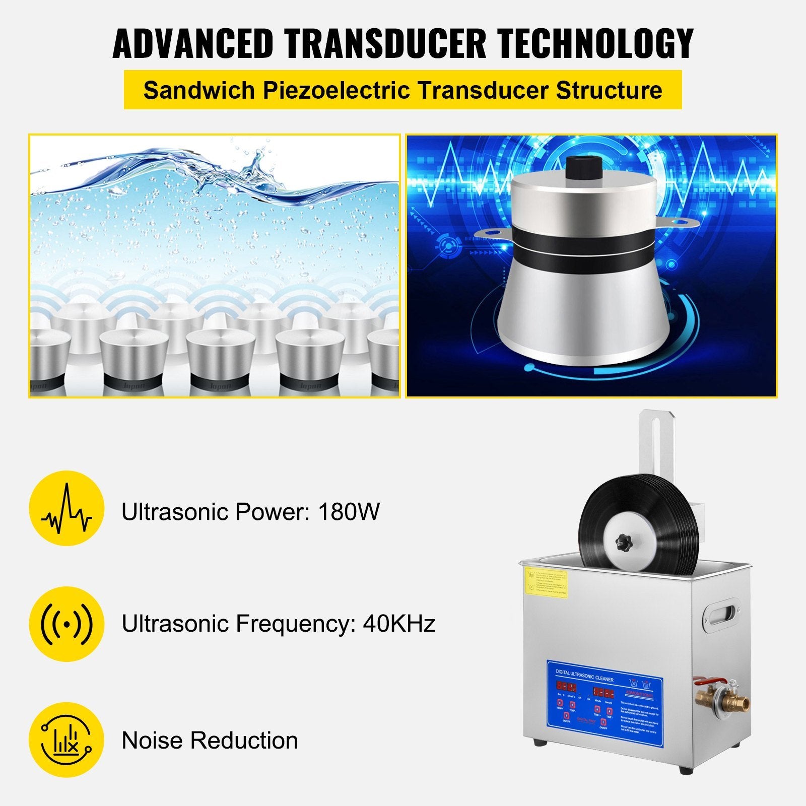 VEVOR Ultrasonic Cleaner 6L Ultrasonic Vinyl Cleaner 7-12 Inch 8 Records Ultrasonic Vinyl Cleaning Machine 180W Ultrasonic Records Cleaner with Drying