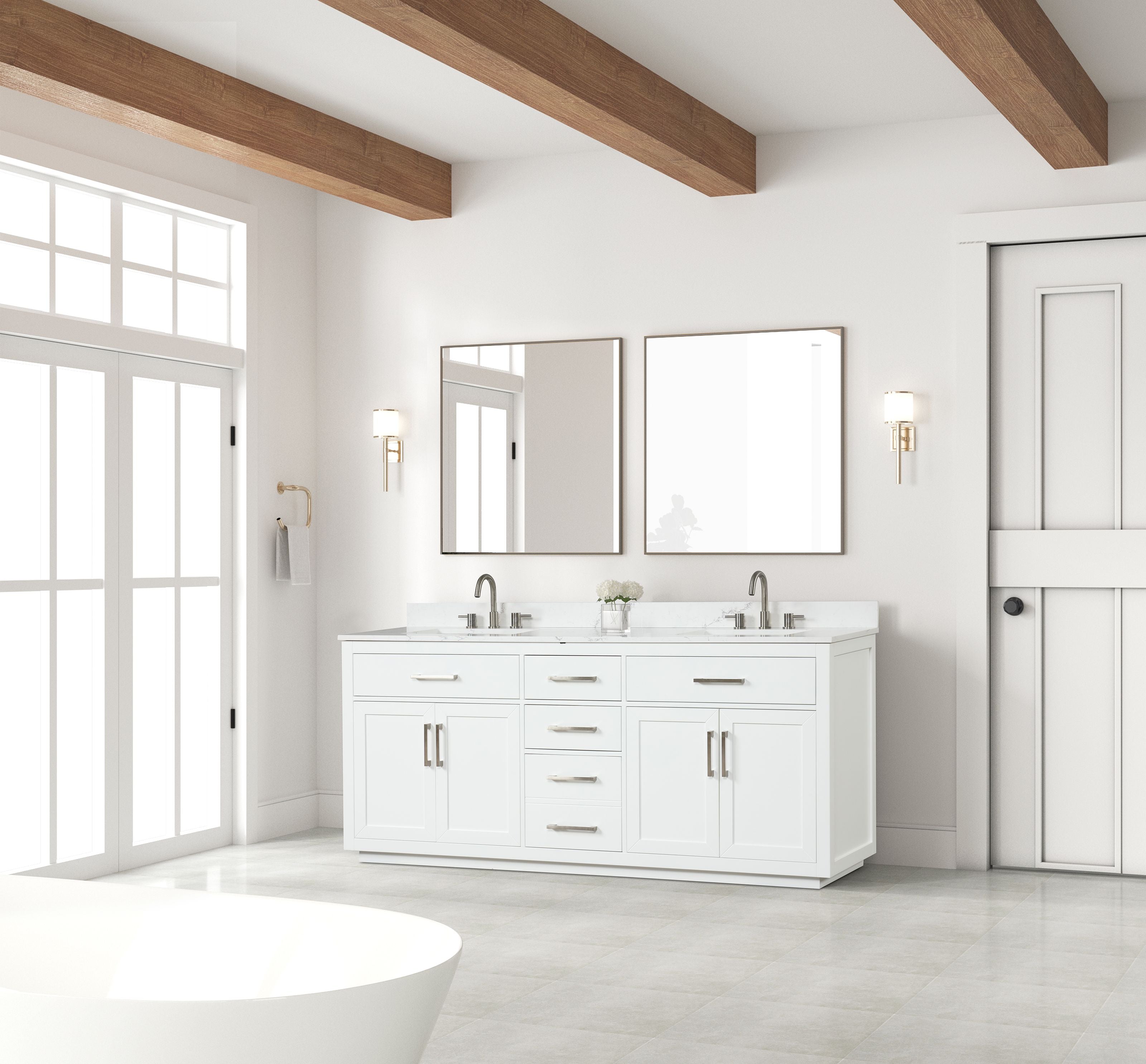 80 inch modern high glossy white solid wood bath vanity cabinet  3 silent drawers, floating shelves. Huge storage.