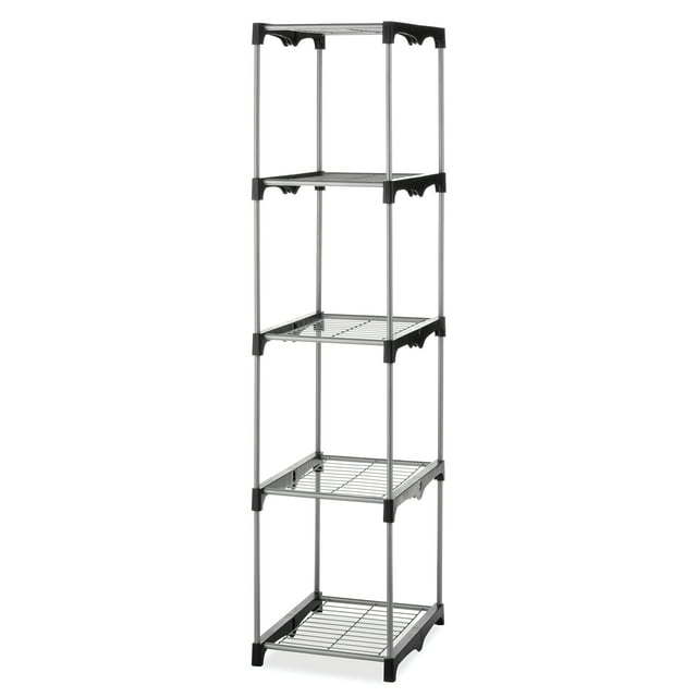 5-Tier Shelf Tower Closet System, Metal with Plastic Connectors, Silver and Black
