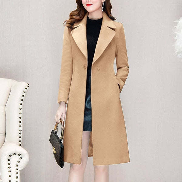 Autumn and Winter Woolen Coat Women's Medium Long Knee Down Waist Suit Collar Wool Coat