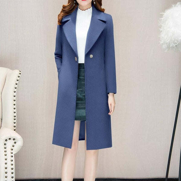 Autumn and Winter Woolen Coat Women's Medium Long Knee Down Waist Suit Collar Wool Coat