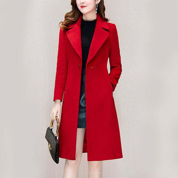 Autumn and Winter Woolen Coat Women's Medium Long Knee Down Waist Suit Collar Wool Coat