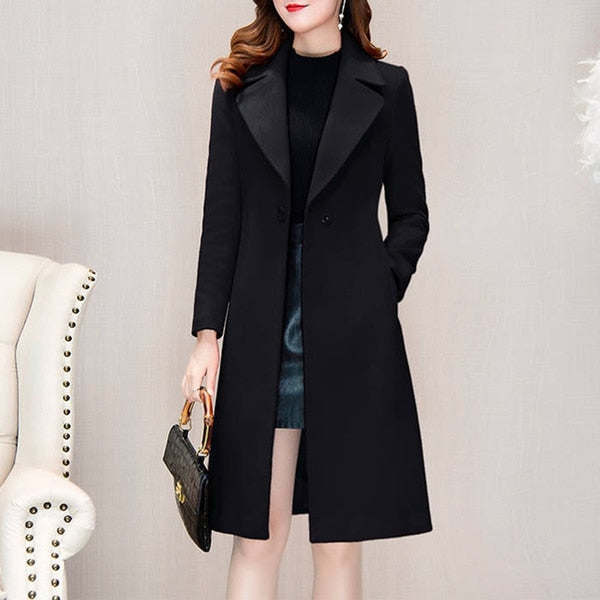 Autumn and Winter Woolen Coat Women's Medium Long Knee Down Waist Suit Collar Wool Coat