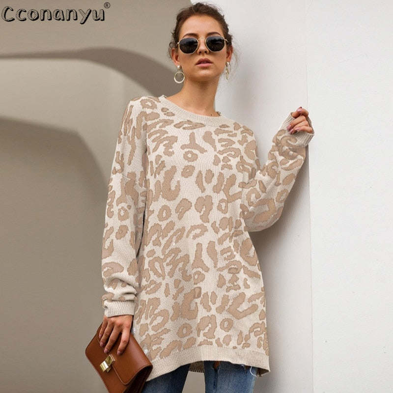 Autumn winter clothing ladies long sweater fashion women's loose pullovers and sweaters leopard print knitted sweater