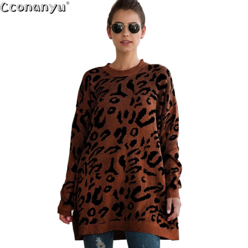 Autumn winter clothing ladies long sweater fashion women's loose pullovers and sweaters leopard print knitted sweater