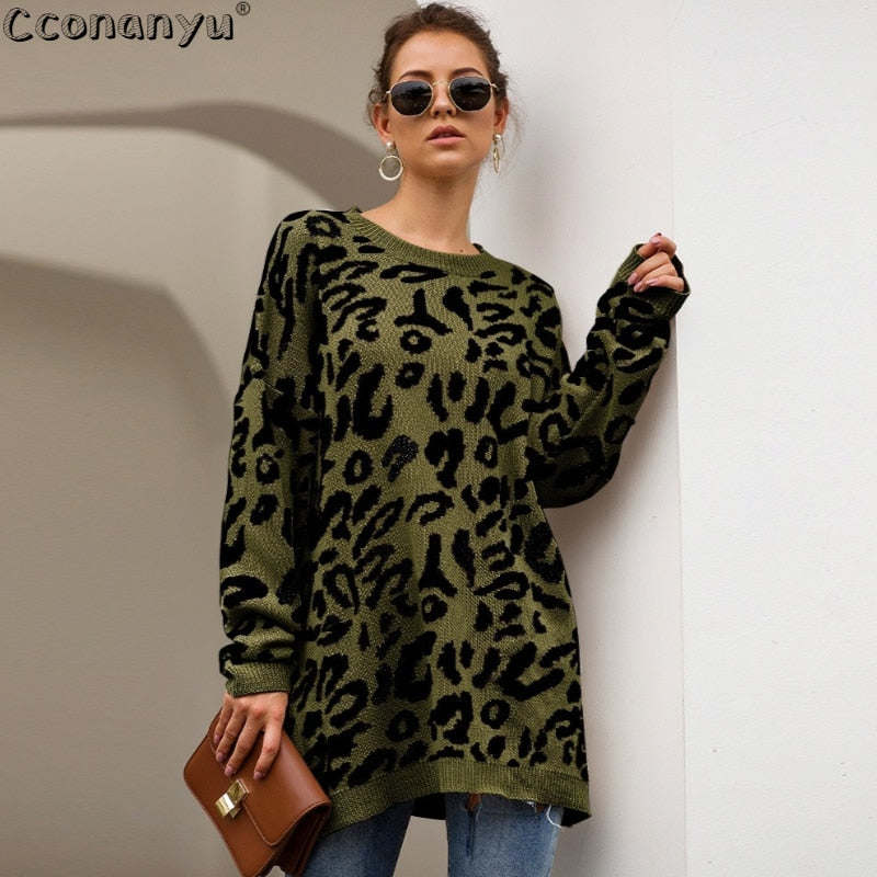 Autumn winter clothing ladies long sweater fashion women's loose pullovers and sweaters leopard print knitted sweater