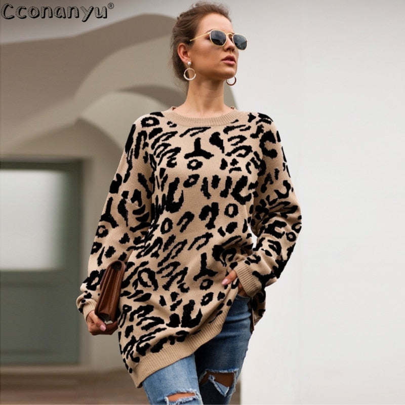 Autumn winter clothing ladies long sweater fashion women's loose pullovers and sweaters leopard print knitted sweater