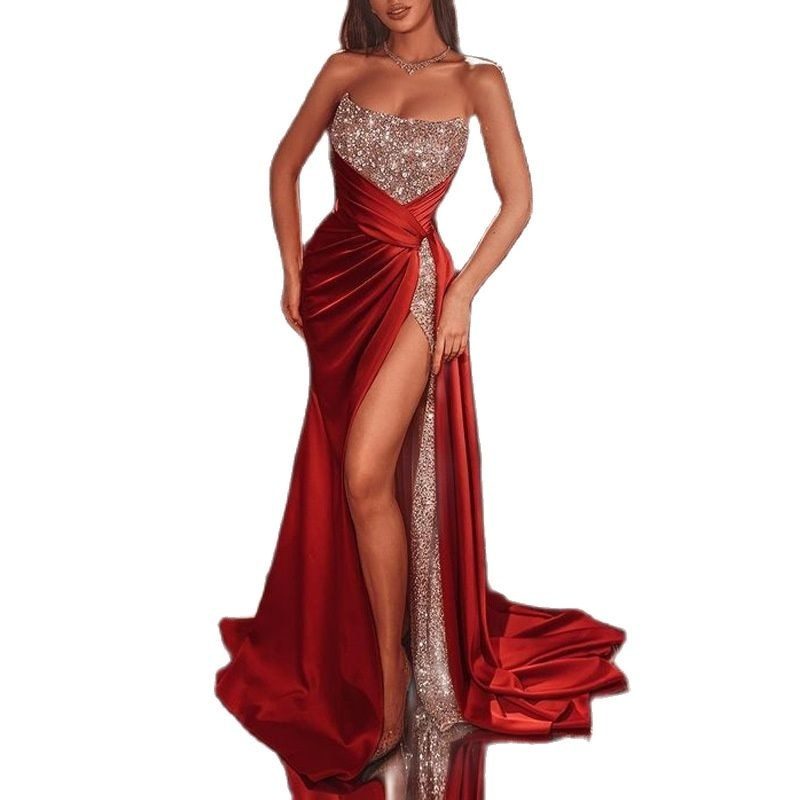 Gown Robe Dresses Summer New Women's Sequin Split Dress Long Slim Strapless Vestidos Red Evening Party Club Wear Night