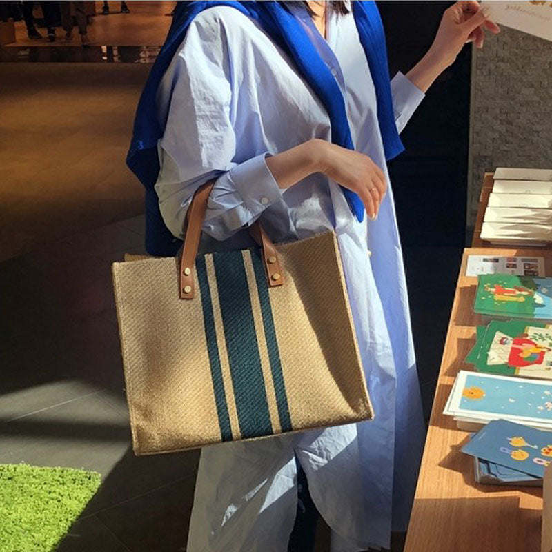 Fashion Large Canvas Handbag For Women Vintage Striped Tote Bag Female Portable Briefcase