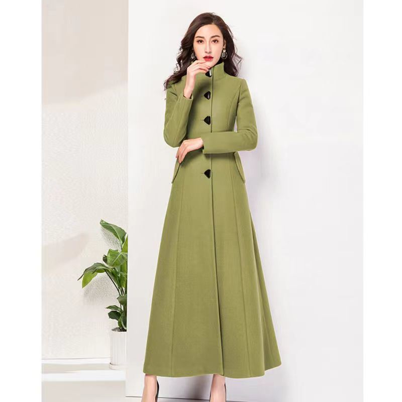 Autumn And Winter Women Long Stand Collar Slim Waist Fashion Temperament Retro Triangle Buckle Woolen Coat