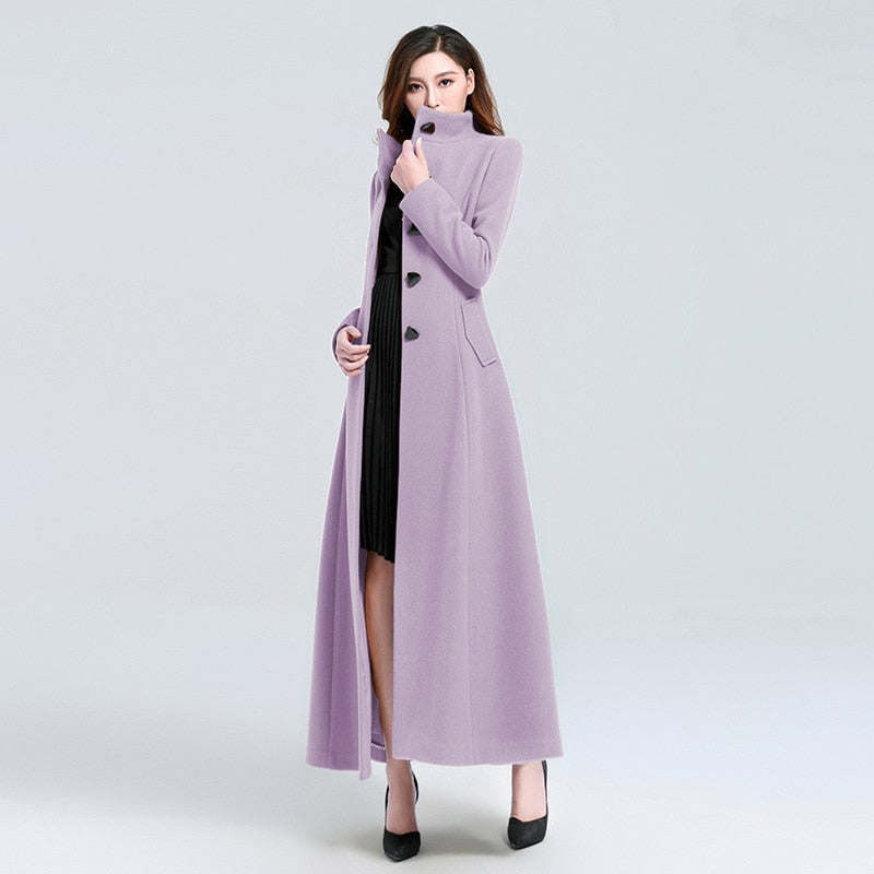 Autumn And Winter Women Long Stand Collar Slim Waist Fashion Temperament Retro Triangle Buckle Woolen Coat