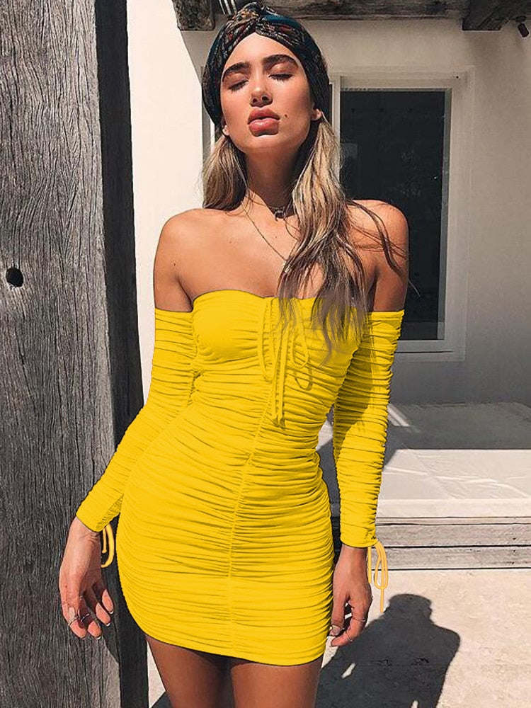 Articat Women Autumn Winter Bandage Dress Women 2022 Sexy Off Shoulder Long Sleeve Slim Elastic Bodycon Party Dresses Vestidos