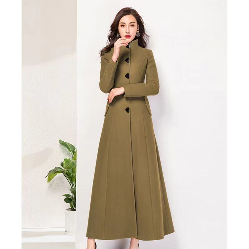 Autumn And Winter Women Long Stand Collar Slim Waist Fashion Temperament Retro Triangle Buckle Woolen Coat