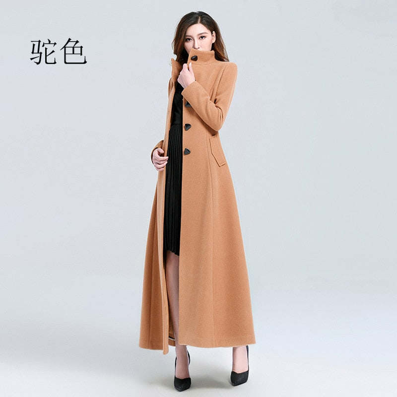 Autumn And Winter Women Long Stand Collar Slim Waist Fashion Temperament Retro Triangle Buckle Woolen Coat