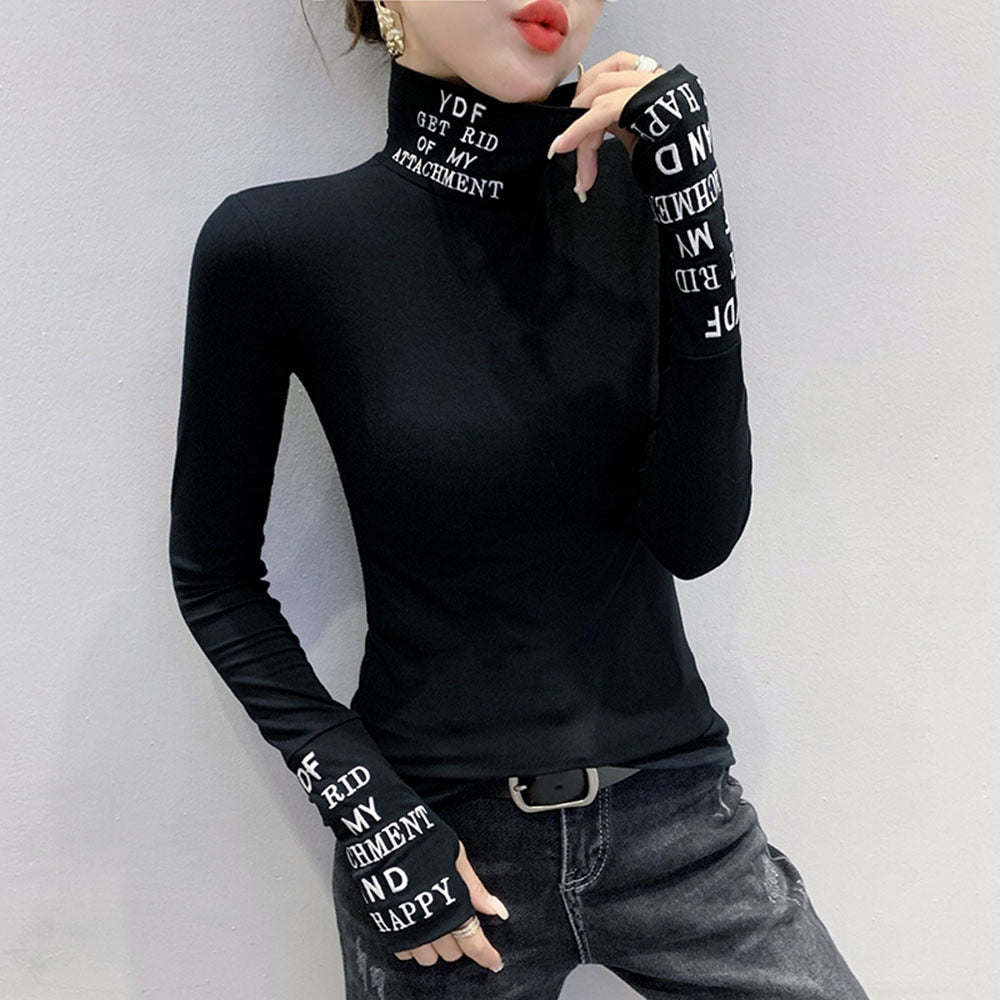 Cotton Black White Long Sleeve T-shirt Women Letters Printed Tight Turtleneck