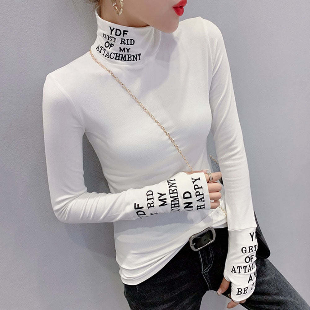 Cotton Black White Long Sleeve T-shirt Women Letters Printed Tight Turtleneck