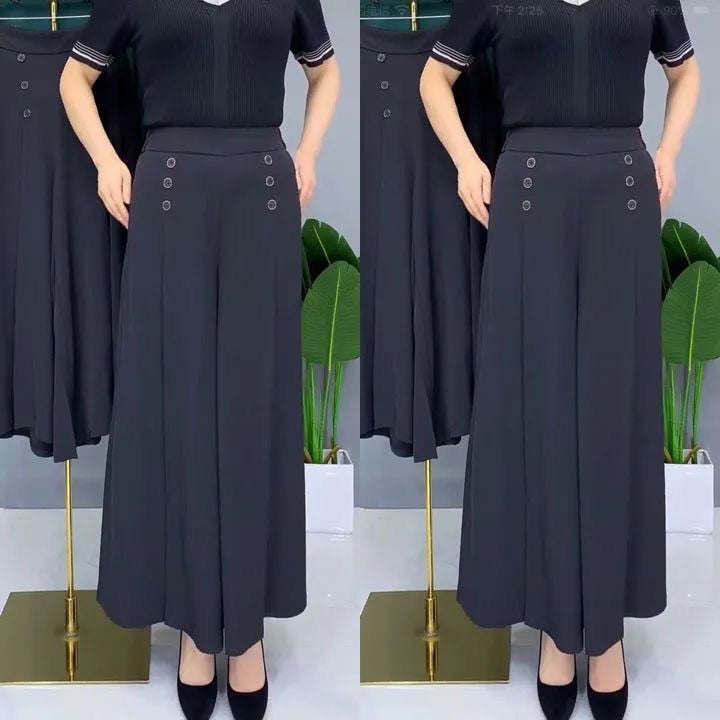 All-match Drape Button Solid Color Bigfoot Nine Point Jilt Trousers Female Summer Casual Pockets Loose Wide-legged Pants Skirt