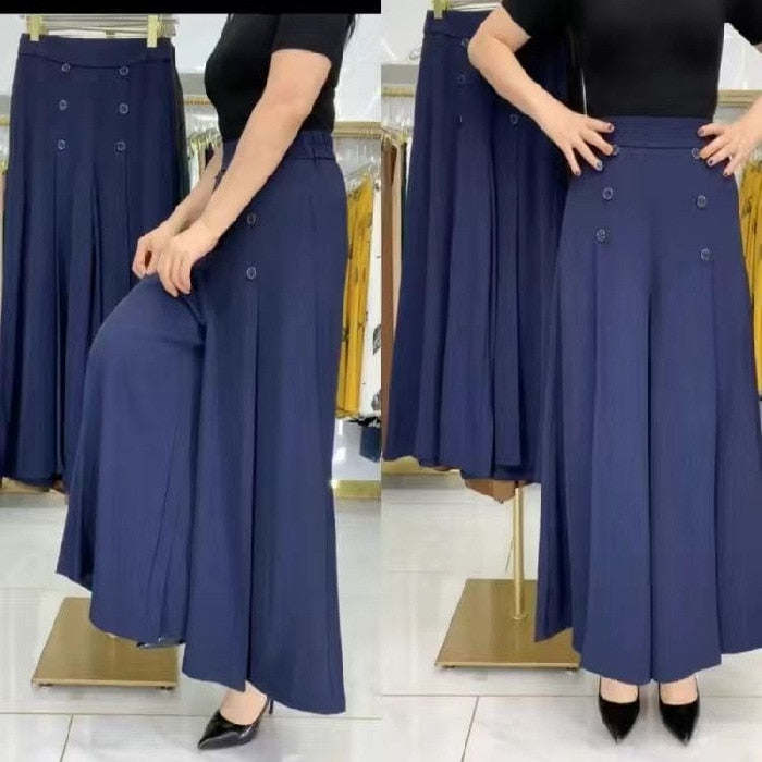 All-match Drape Button Solid Color Bigfoot Nine Point Jilt Trousers Female Summer Casual Pockets Loose Wide-legged Pants Skirt