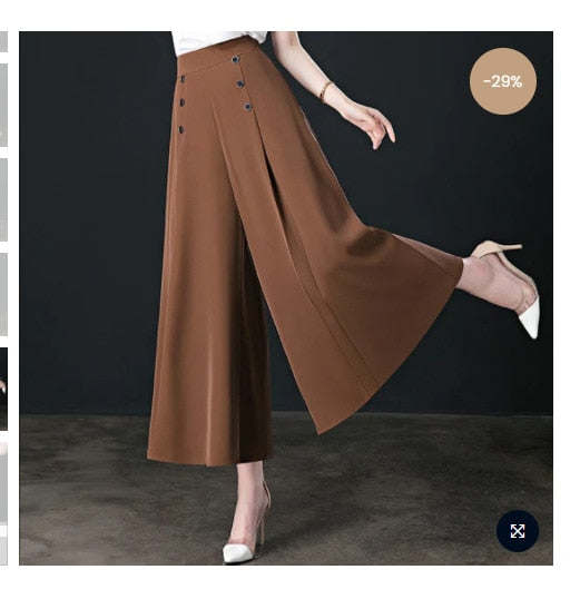 All-match Drape Button Solid Color Bigfoot Nine Point Jilt Trousers Female Summer Casual Pockets Loose Wide-legged Pants Skirt