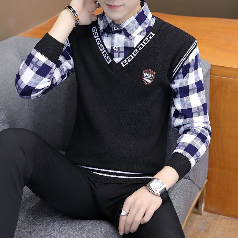 Fashion Lapel Spliced Knitted Fake Two Pieces Lattice Sweater Men's Clothing Autumn New Casual Pullovers