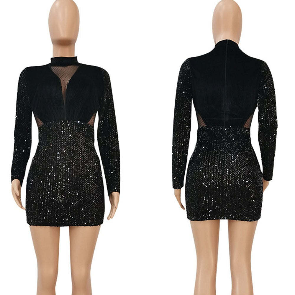 Autumn Winter Velvet Mesh Sheer Sparkly Elegant Christmas Dresses for Women Long Sleeve Nightout Evening Bodycon Mini Dress Club