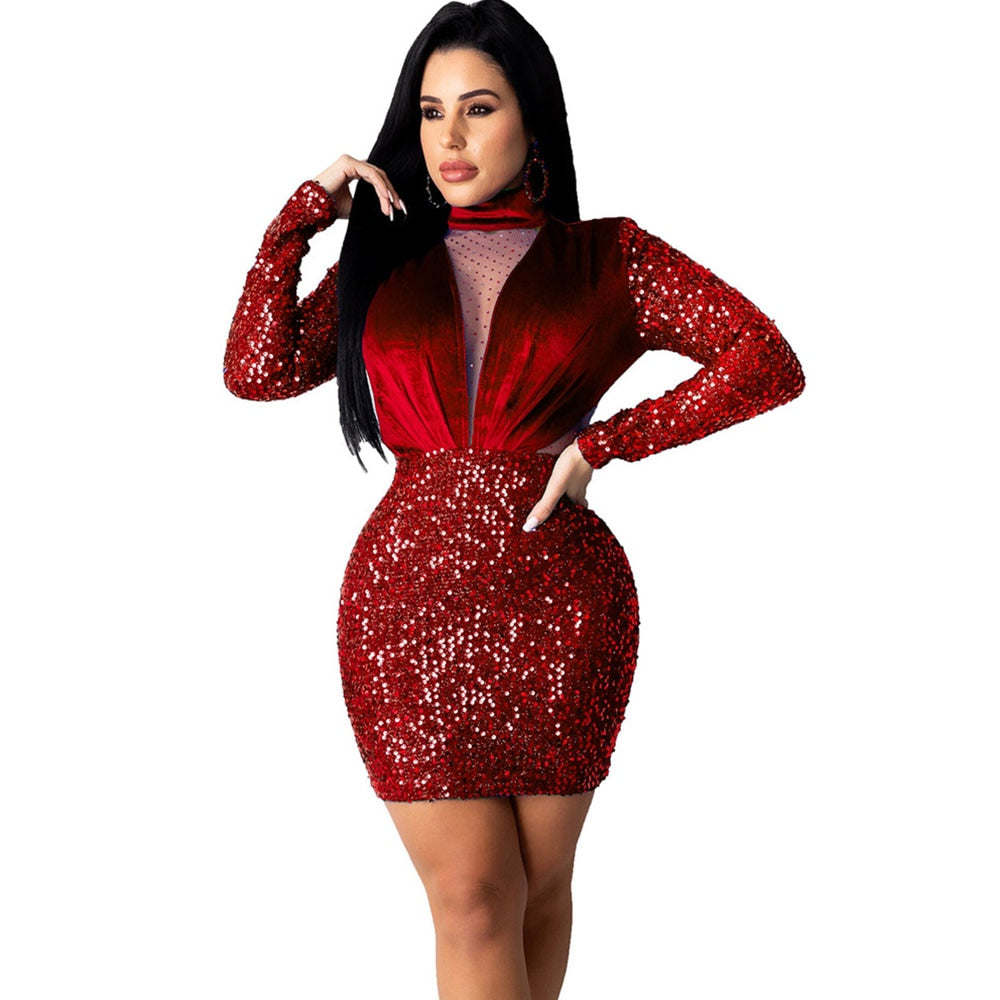 Autumn Winter Velvet Mesh Sheer Sparkly Elegant Christmas Dresses for Women Long Sleeve Nightout Evening Bodycon Mini Dress Club