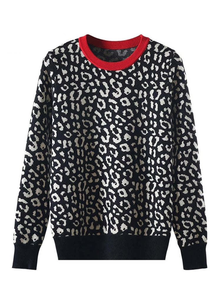 Autumn Winter Women Sweaters Leopard Knitted Pullovers Long Sleeve Contrast Color Crewneck Jumpers