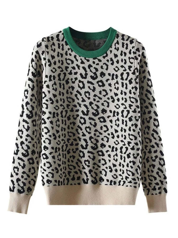 Autumn Winter Women Sweaters Leopard Knitted Pullovers Long Sleeve Contrast Color Crewneck Jumpers