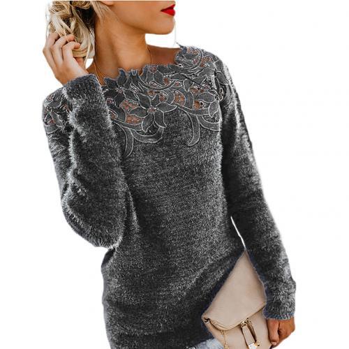 Oversize Winter Sweater Women Solid Color Long Sleeve O Neck Floral Lace Pullover Casual Elegant Sweater