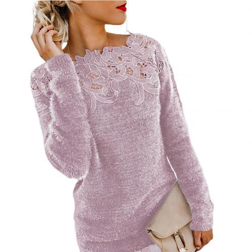 Oversize Winter Sweater Women Solid Color Long Sleeve O Neck Floral Lace Pullover Casual Elegant Sweater