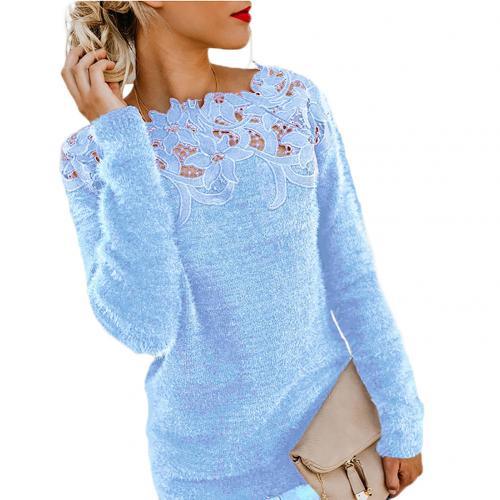 Oversize Winter Sweater Women Solid Color Long Sleeve O Neck Floral Lace Pullover Casual Elegant Sweater