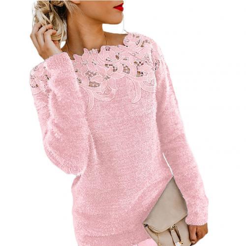 Oversize Winter Sweater Women Solid Color Long Sleeve O Neck Floral Lace Pullover Casual Elegant Sweater